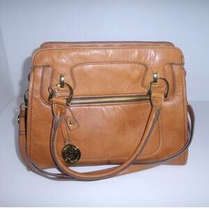 London Fog Brown Vegan Leather Satchel Handbag with Top & Shoulder Handles